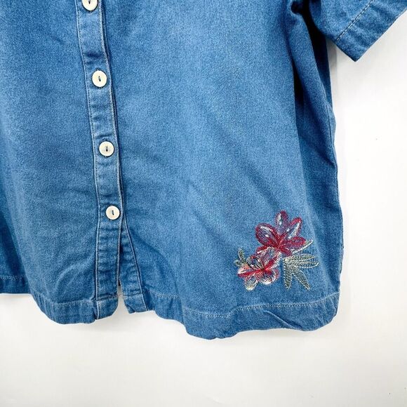 Koret City Blues Palm Tree Blue Chambray Button Top Womens Embroidered Large? - Picture 3 of 7